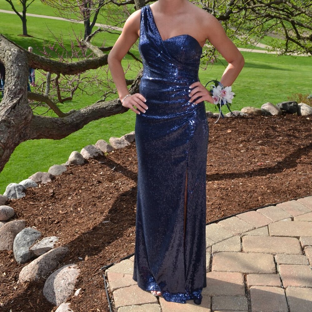 PROM DRESS! Cache Navy Sequined Evening Gown, One Shoulder, Column Style, Size 2